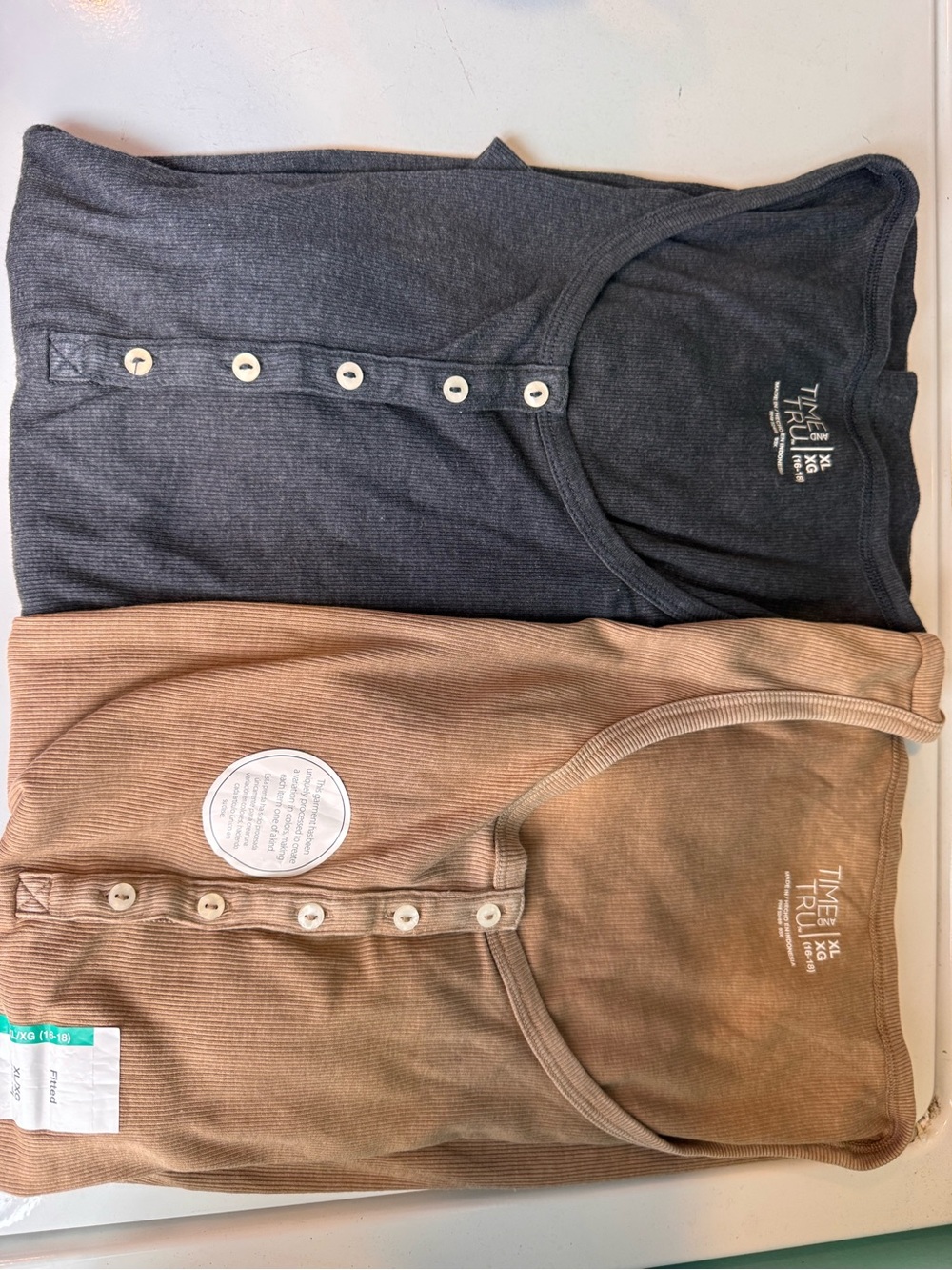 Time and Tru Short Sleeve Henley Tees - Tan & Charcoal set of 2 - Picture 3 of 7